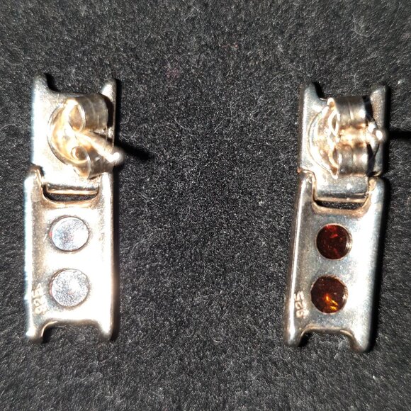 Vintage Genuine Baltic Cognac Amber Three Stone 925 Sterling Silver Stud Earring - Picture 7 of 9